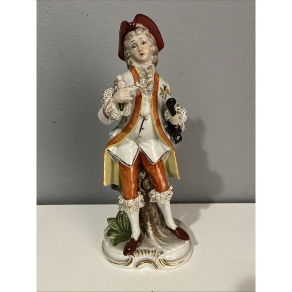 Vintage Colonial Style Porcelain Figurine Hand Painted Man Violin Dresden Lace - Picture 1 of 9